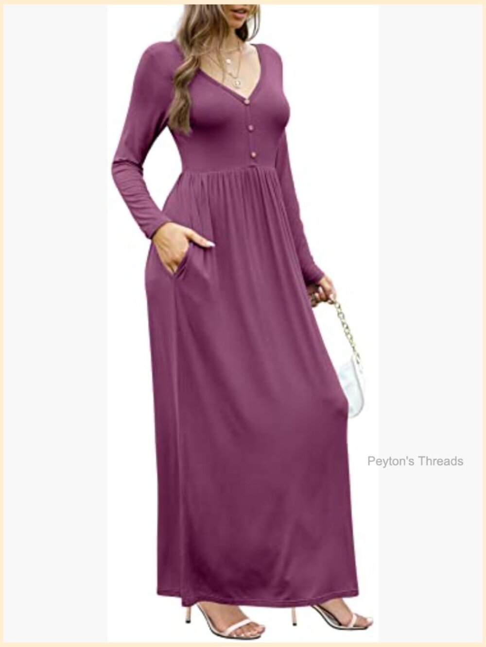 Long Sleeve V Neck Button Maxi Dress with Pockets - Picture 4 of 7